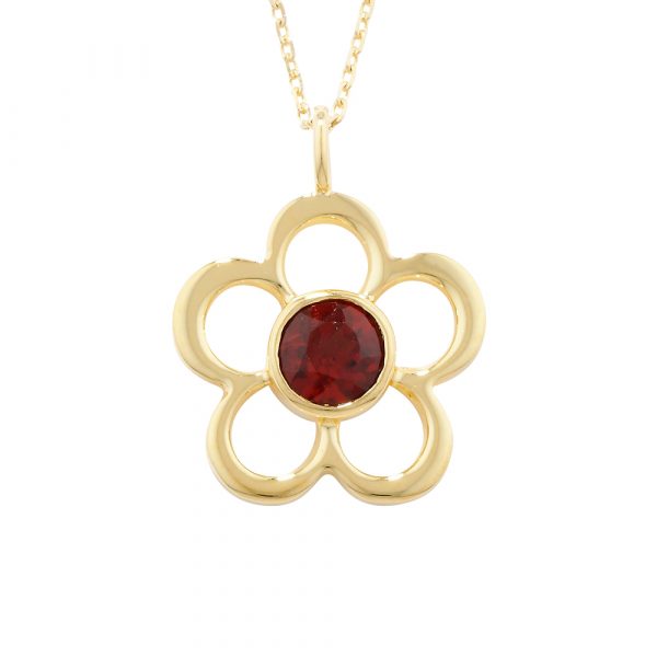 Garnet birthstone flower pendant yellow gold