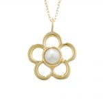 Cultured freshwater pearl birthstone flower pendant yellow gold