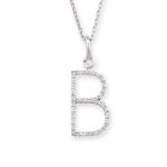 9ct white gold B initial diamond pendant necklace. Stunning diamond letter B hanging from an adjustable gold chain.