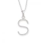 9ct white gold S initial diamond pendant necklace. Bright diamond letter S set into 9ct white gold, suspended from an adjustable gold chain.