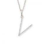 9ct white gold diamond initial V pendant necklace. This diamond letter V is set in rich 9ct white gold and suspended from an adjustable white gold chain.