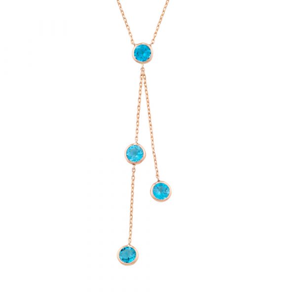 Elegant 9ct rose gold and blue topaz drop pendant. Four bright, 5mm blue topaz interspersed between 9ct rose gold chain. It has an overall drop length of 6cm and is attached to an adjustable 9ct rose gold chain.