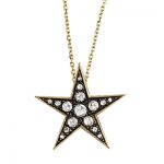 Dazzling large gold diamond star pendant necklace. The diamonds are set into the 9ct yellow gold star pendant which is plated with black rhodium. It hangs from an adjustable gold chain. 