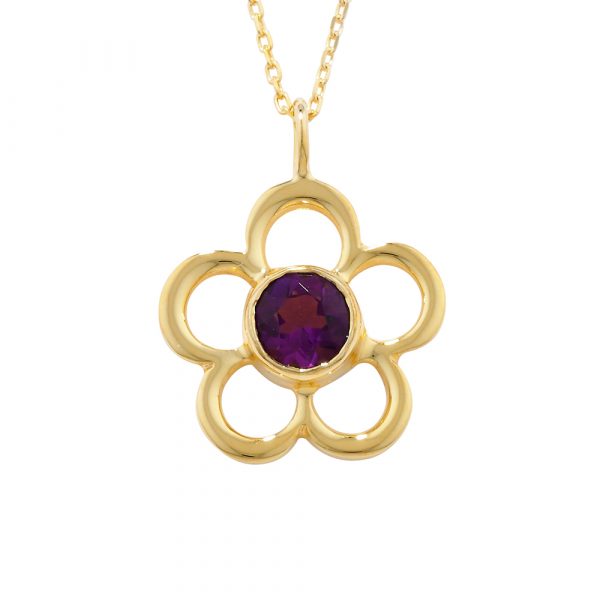 Amethyst birthstone flower pendant yellow gold