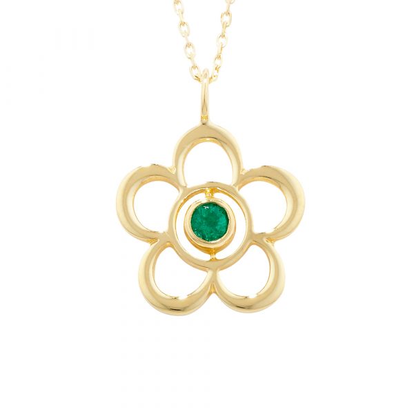 Emerald birthstone flower pendant yellow gold