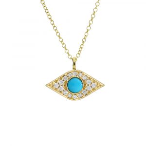 Diamond and turquoise evil eye pendant yellow gold