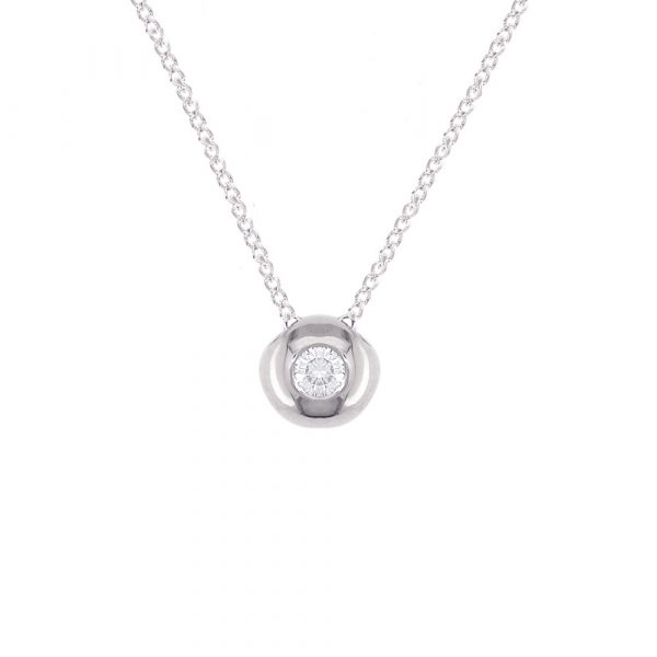 A timeless single diamond in a polished 9 carat white gold setting, with a 16 inch white gold chain sliding through. The pendant has a dimension of 6mm in diameter.