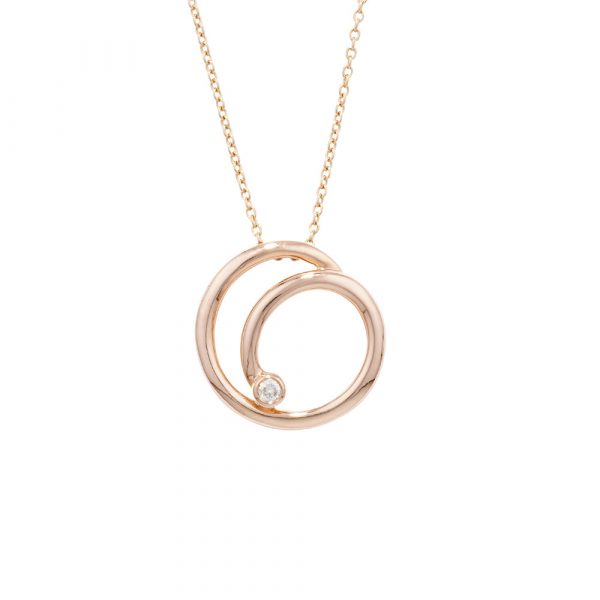 9ct rose gold diamond spiral necklace. The sparkling brilliant-cut diamond is set in a 9-carat rose gold. The pendant slides through 16/18 inch adjustable rose gold chain. 