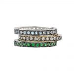 Blue topaz, cappuccino brown diamond and tsavorite garnet stack rings white and yellow gold