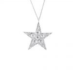 9 carat white gold diamond star pendant. The star is set with rose-cut diamonds, totalling 0.19ct, and is suspended from an adjustable 9ct white gold chain.