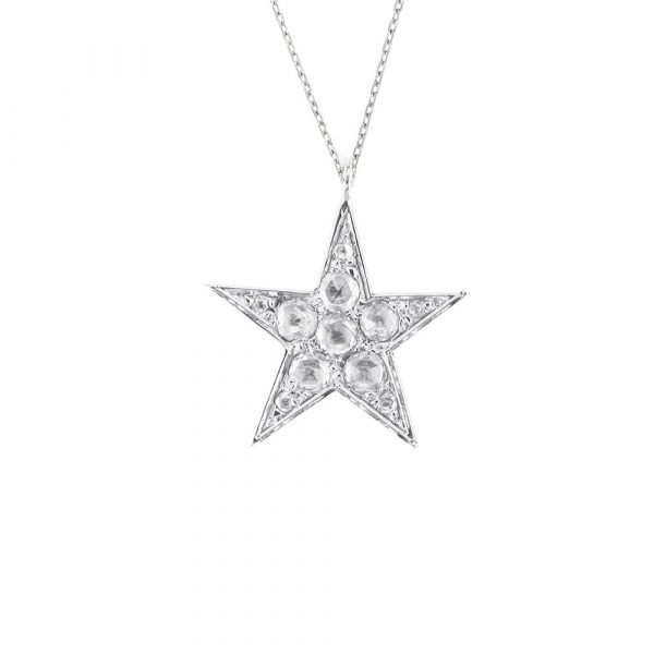 9 carat white gold diamond star pendant. The star is set with rose-cut diamonds, totalling 0.19ct, and is suspended from an adjustable 9ct white gold chain.