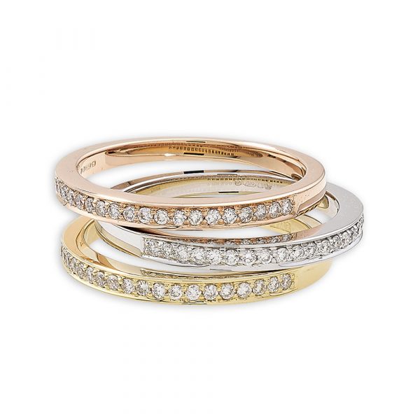 Diamond eternity stack rings rose yellow and white gold