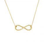 Delicate rope 9ct yellow gold infinity necklace. Twisted 9ct yellow gold infinity-shaped pendant hanging from an adjustable gold chain.