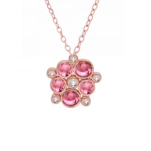 Gorgeous 9ct rose gold, pink tourmaline and diamond necklace. Features 5 cabochon-cut pink tourmalines and 6 sparkling diamonds, set into 9ct rose gold. The pendant hangs from a 9ct rose gold adjustable chain. 