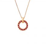 Rose gold ruby pendant with a distinctive circle design for the perfect accessory and a stunning gift. 16 rich rubies set into 9ct rose gold hanging from an adjustable gold chain. 