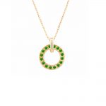 Beautiful 9ct yellow gold tsavorite garnet circle necklace. Spinning circle pendant with 16 sparkling tsavorite garnet gemstones attatched to adjustable 9ct gold chain.