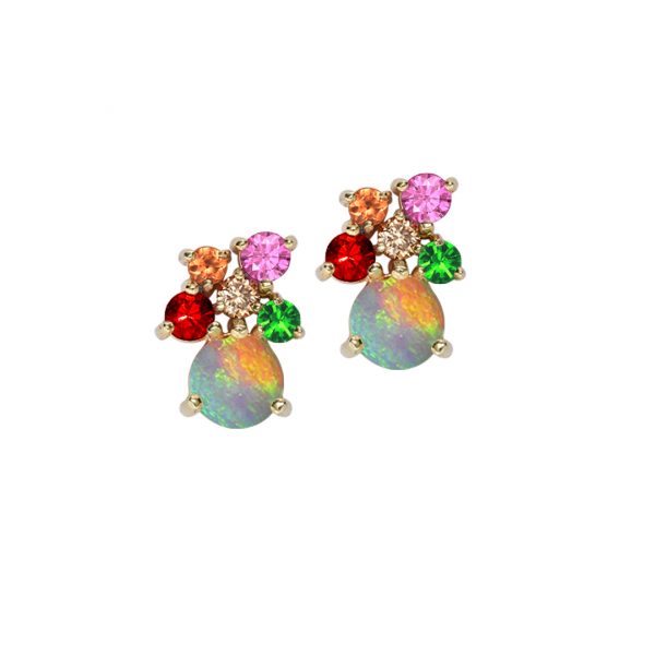 9ct Yellow gold opal multi gem Harlequin earrings