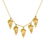 9ct yellow gold leaf pendant necklace. Five textured leaves hanging from an adjustable gold chain.