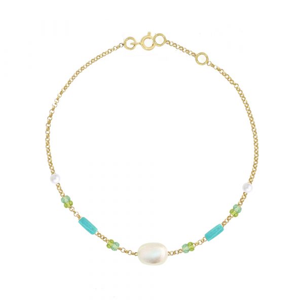 9ct Yellow gold moonstone apatite turquoise and pearl bracelet