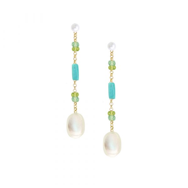 9ct Yellow Gold Apatite Turquoise Moonstone and Pearl Earrings