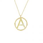 9ct yellow gold single bright diamond initial A pendant. The pendant necklace has a surrounding twisted circle detail in 9ct gold and is attached to an adjustable gold chain. 