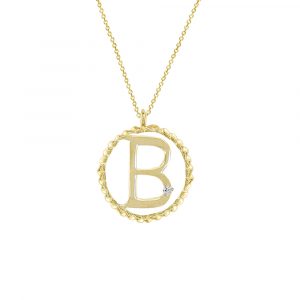 B initial pendant necklace twisted 9ct yellow gold with a single diamond. Attached to an adjustable 9ct gold chain.