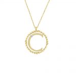 9ct yellow gold C initial pendant necklace with a single stunning diamond. The letter C sits within a twisted 9ct gold circle and hangs from an adjustable gold chain. 