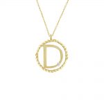 Letter D gold initial pendant with a single diamond, surrounded by a neat twisted yellow gold circle. The pendant hangs from an adjustable 9ct yellow gold chain. 