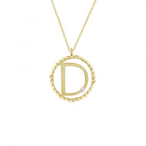 Letter D gold initial pendant with a single diamond, surrounded by a neat twisted yellow gold circle. The pendant hangs from an adjustable 9ct yellow gold chain. 