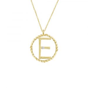 Letter E, gold initial pendant necklace. With a single diamond and twist 9ct yellow gold surrounding circle. The elegant pendant is attached to an adjustable 9ct gold chain. 