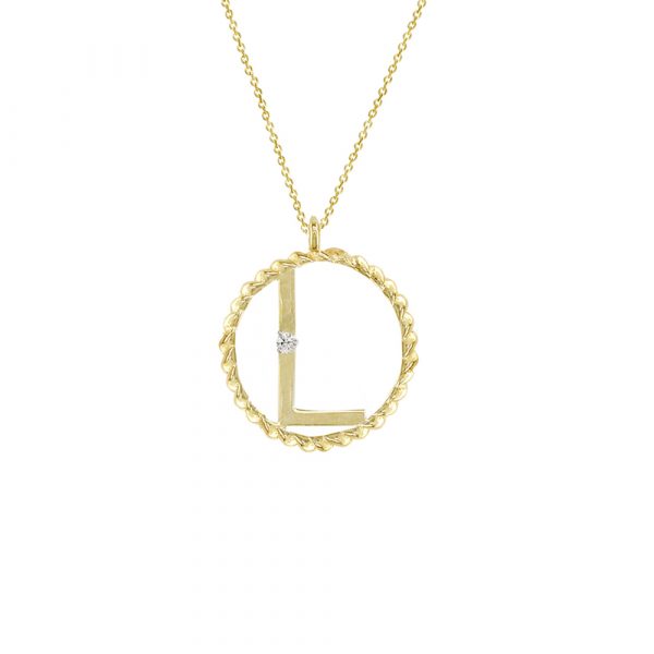 A single bright diamond set in a letter L initial pendant, gold. The letter sits in a 9ct yellow gold twisted circle and hangs on an adjustable gold chain.