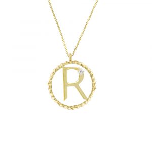 9ct yellow gold R initial pendant necklace. The letter R is set within a twisted gold circle pendant and hangs from an adjustable 9ct gold chain. 