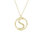 Yellow gold single diamond letter S necklace. 9ct gold S initial with a neat 9ct gold circle twist surround, hanging from an adjustable gold chain. 