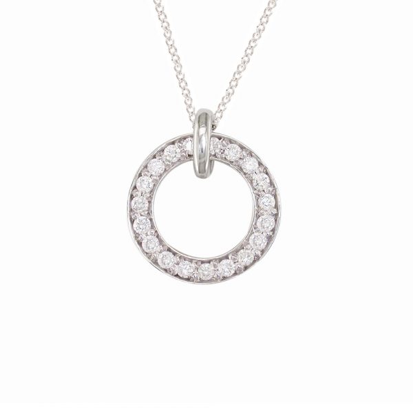 9ct white gold diamond circle pendant. The diamond circle is 1.8cm in diameter and is suspended from a 9ct white gold adjustable chain.