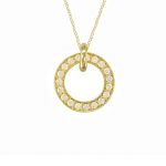 Fine gold, diamond necklace. 19 diamonds set into 9ct yellow gold circle pendant, on an adjustable yellow gold 16/18" chain.