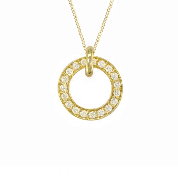 Fine gold, diamond necklace. 19 diamonds set into 9ct yellow gold circle pendant, on an adjustable yellow gold 16/18" chain.