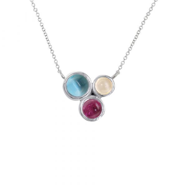 White gold multi-gem necklace, set with 3 brightly coloured; moonstone, blue topaz and pink tourmaline. The pendant hangs from a 9ct white gold adjustable chain. 