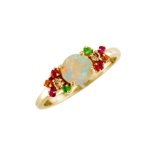 Cluster yellow gold opal multi gem Harlequin ring