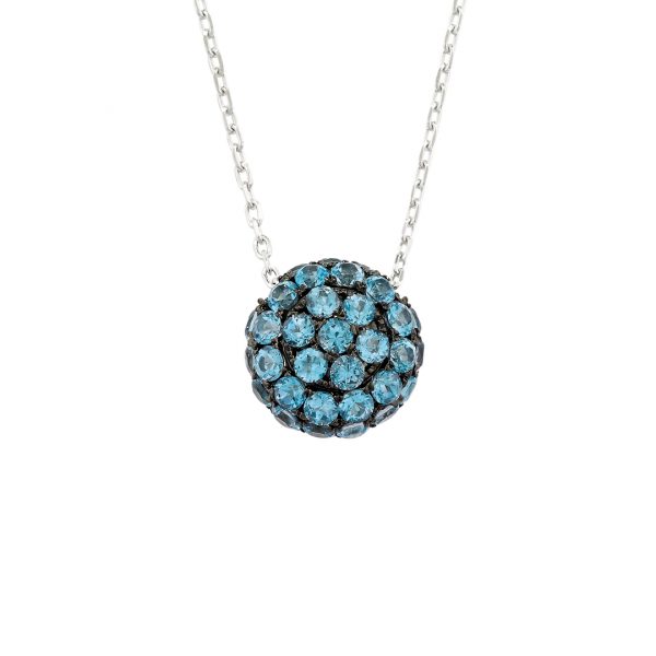 White gold blue topaz ball pendant necklace